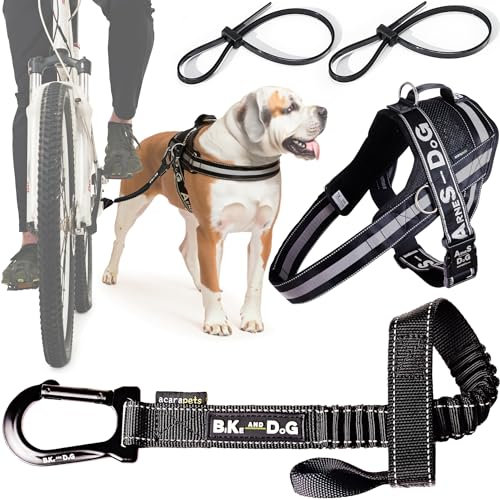 Hundeleine und Hundegeschirr für das Fahrrad, Geschirr mit seitlichen Ringen, inkl. 2 Fahrradgurte. Patentiert. (Schwarz, XL)