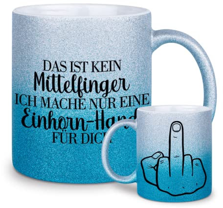 glitzertassen.de® | Einhorn-Hand | Mittelfinger | Tasse mit Glitzer | Geschenkidee | Bürotasse | Lustige Sprüche | Arbeitskollegen | Kaffeebecher | Keramik | 330 ml | Silberblau