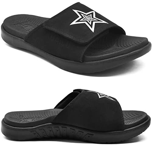 KuaiLu Mens Orthotic Slides Soft Cushion Sport Sandals with Plantar Fasciitis Arch Support Adjustable Open Toe Summer Slippers Slip on Indoor Outdoor All Black Size 10
