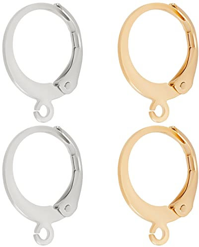 Beebeecraft 1 Box 100Pcs 2 Colors Leverback Earring Hooks 24K Gold Plated Stainless Steel Round Lever Back Huggie Hoop French Ear Wire for Jewellery Making Leverback Earring Findings (14.5×12.5mm)