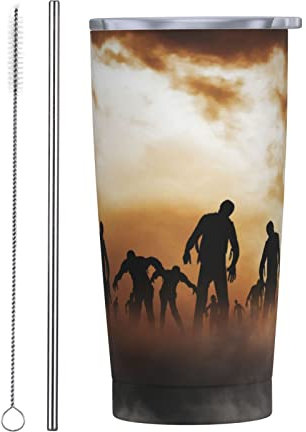 LOUJIN Tasse à café de voyage isotherme en acier inoxydable de 550 ml avec couvercle anti-fuite, paille et brosse à paille - Zombies Dead Men Walking Body at Night