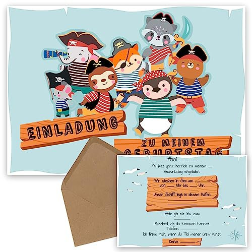 OWLBOOK Einladung Piraten 10 Einladungskarten Pirat Piraten Kindergeburtstag Kinder - Piraten Party Einladung - Piratenparty Kindergeburtstag Geburtstag Geburtstagseinladung zum Ausfüllen mit