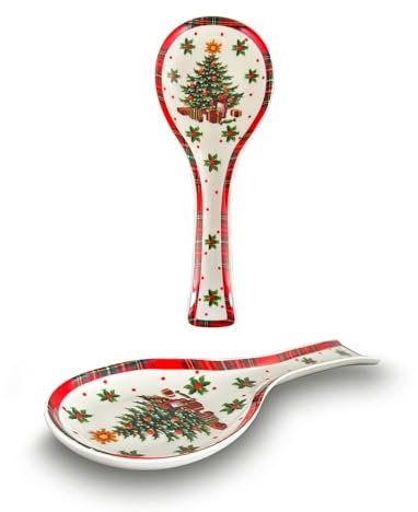 ARCA, Poggiamestolo in Porcellana, con Decorazione Natalizia Scozzese, Resistente e Duraturo, Ideale per la Cucina, Idea Regalo Natale, 28x9 cm
