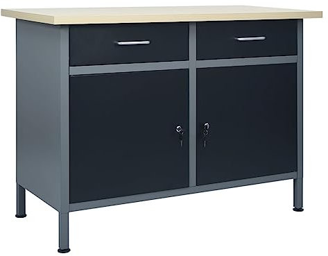KOIECETA Banco de trabajo con 2 cajones con rodamiento de bolas, 2 armarios con puertas, mesa de trabajo, taller, bricolaje, banco de trabajo negro, 120 x 60 x 85 cm, acero