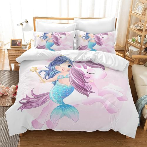 Leleyouzer Einhorn Bettwäsche für Mädchen Kinder,Weiche und Bequeme Mikrofaser Bettwäsche,Niedlicher Einhorn Bettbezug mit Reißverschluss + 2 Kopfkissenbezüge 50 x 75cm (E 4, 135×200 cm)