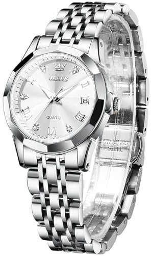 OLEVS Montre Femme Diamant Montre avec Petit Visage Or Argent Bracelet en Acier Inoxydable Étanche Date Montre, Blanc.