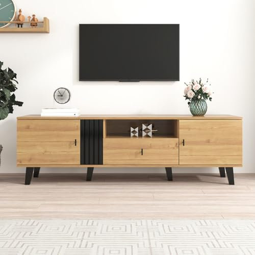 KOMHTOM Meuble TV en bois et noir, buffet avec cinq compartiments de rangement et un tiroir, armoire polyvalente pour salon, couloir et chambre à coucher (C)