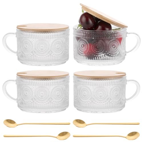 YAYODS 4 Pièces lot verre a eau 450 ml, les verres à eau, verre à eau lot, verre strié, verres striés, Verre à café glacé avec couvercle, Verres esthétiques striés pour cappuccino, latte, céréales
