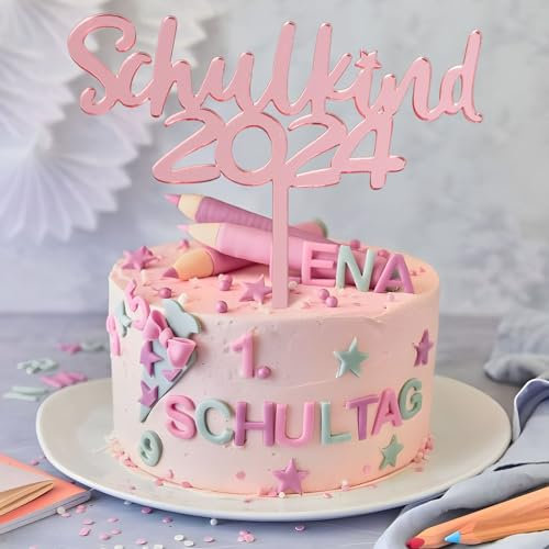 BETESSIN Tortendeko Einschulung Mädchen Rosa - Schulkind 2025 Cake Topper aus Acryl - Schulanfang Kuchendekoration - Schuleinführung Deko für Einschulungstorte