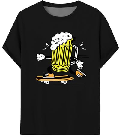 ColleeLin Herren Businesshemd Langarm Mode Sommer Kurzarm Top Cartoon Bierkrug Druck Herren T Shirt (Black, XXL)
