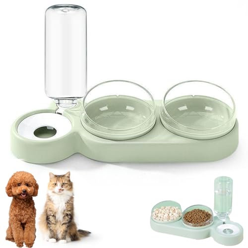 3 In 1 Cat Food And Water Bowl Set, Detachable Bowls for Cat Dog, Double Cat Bowls with Water Dispenser,Anti-Spill Feeder With Stand for Small Medium Dogs Cats (Green)