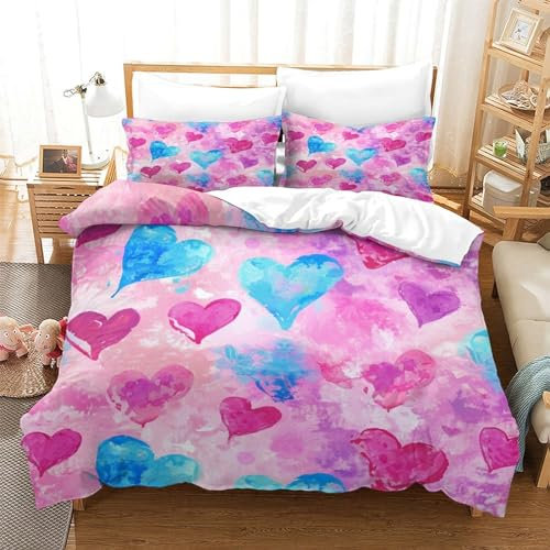 DCABEIOOE Liebe 3D Druck Bettwäsche Bettbezug Und Kissenbezug Mit Reißverschluss Kinder Bettwäsche Single(140x200cm)