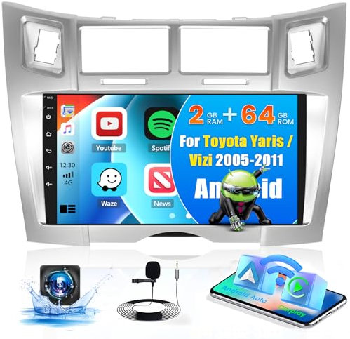 [2G+64G] Hikity Radio Coche para Toyota Yaris/Vizi 2005-2011 Android 15, 9 Pulgadas Pantalla Táctil Carplay Inalámbrico Android Auto con GPS, WiFi, Bluetooth, Mirror Link, FM/RDS, Mic, Cámara Trasera