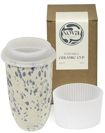 NOVA CERAMICS Travel Mug On The Go Coffee Tumbler Microwave & Dishwasher Safe White Tumbler - Gifts for Women Men Him Her 475ml Orchid