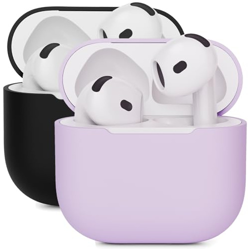 Mocarheri 2PCS Silikon Hülle Schutzhülle Kompatibel mit AirPods 4 Gen (2024), Ultra-dünnes, Silikon Stoßfeste Weiches Schutzhülle für AirPods 4, Front-LED Sichtbar (Schwarz/Lila)