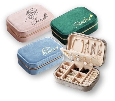 Personalisierte Schmuckkästchen mit Namen, Schmuckbox aus Samt, Reiseschmuckbox mit Reißverschluss, Schmuckschatulle für Frauen und Mädchen, Schmuckaufbewahrung Personalisiert, Schmuckkasten Reise