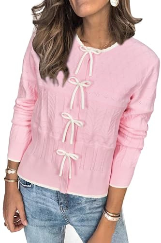 Arach&Cloz Pink Cardigans for Women UK Bow Tie Jumpers Elegant Crewneck Knitwear Sweaters Tops Pink XL