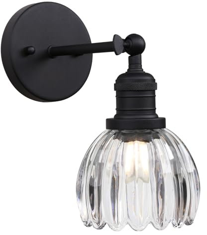 Pathson Applique Murale Intérieure, Abat-jour en Verre Tulipes Applique Salle de Bain Vintage E27 Luminaire pour Salon Chambre Cuisine (Noir)