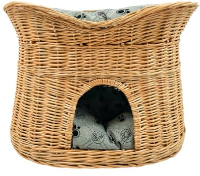 Katzenkorb zum Schlafen – Katzenhütte Indoor – Größe XL: 70 cm oval – Katzenhöhle aus Weide – Zweistöckiger Hunde – oder Katzenbett mit waschbaren Kissen in Graue – Natürliche Korbfarbe
