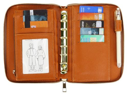 Buqoo A7 Budget-Binder, Geldumschläge, PU-Leder, Notizbuch, Planer mit Reißverschluss, 6 Ringe, nachfüllbar, Geldbeutel, Organizer, Notizbuch für Damen/Herren, Arbeitsplaner, Ordner (braun)