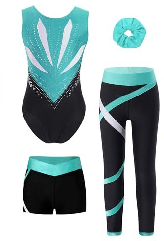 Miutii 4tlg.Mädchen Turnanzug Glitzer Gymnastikanzug mit Shorts Hose und Haargummi Ärmellos Ballettanzug Gymnastik Leotard Eislaufen Tanzkostüm A Blau Grün 158-164
