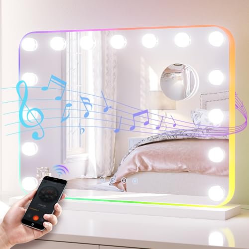 SONNI Hollywood Spiegel mit Bluetooth, Schminkspiegel mit RGB Modus und 3 Farbtemperatur Licht 15 LED Lampens, Groß Kosmetikspiegel mit Touch Steuerung und Speicherfunktion der Helligkeit 58x45cm