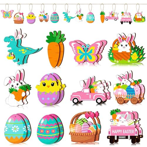 Osteranhänger Holz, 24 Stück Osteranhänger aus Holz, Ostereier Holz, Osterhase Holz Anhänger, Hase Anhänger Ostern Holzanhänger, Osterdeko zum Aufhängen, für Oster, Frühlings Party Dekoration (B)