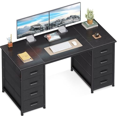 Coleshome Computer Desk with 8 Fabric Drawers, Office Desk with Storage | 120 x 48 cm Black Home Office Desk, PC Study Desk for Bedroom and Living Room,Compact Work Table with More Storage Space