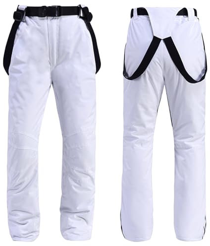 Topassion Skihose Damen Herren,Thermo Snowboardhose,Winterhose Winddicht Softshell Schneehose,Unisex Hiking Skibekleidung,Outdoorhose mit Schultergurt Wasserdicht,Baggy Ski Latzhose(White,XXL)