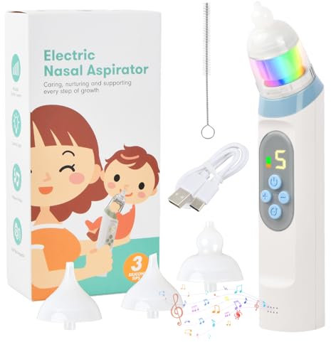 Dewocke Elektrischer Nasensauger für Baby mit 5 Saugstufen, Baby Nasensauger, Musik und Licht Beruhigende Funktion, Baby Nasenreiniger mit 3 Silikonspitzen, Nasensauger für Neugeborene, Kleinkinder