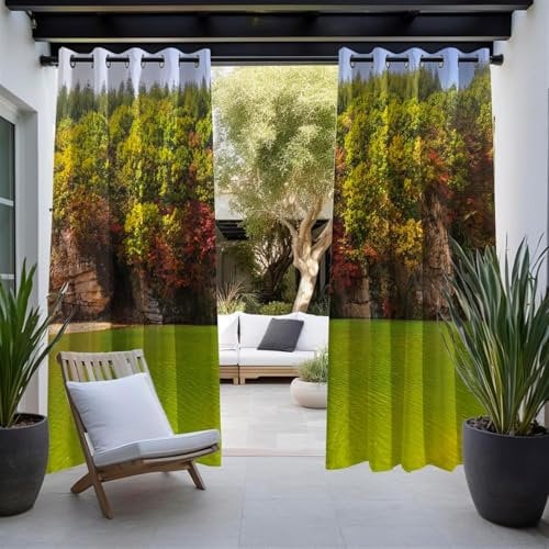ZHENCHAO Outdoor-Vorhänge mit tropischen Palmen für die Terrasse, wasserdicht, Sichtschutz, Verdunkelungsvorhänge mit Wärmedämmung, Ösen Oben, ideal für Veranda, Pavillon oder Gartenlaube,