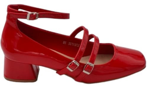 Scarpa Ballerina Donna Punta Quadrata con Tacco Basso 5 cm Cinturini Regolabili alla Caviglia Vernice Rosso Lucido (39 EU)