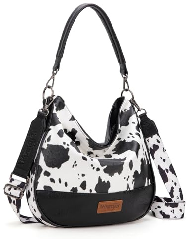 Wrangler Hobo Umhängetasche für Damen, groß, Schultertasche, Handtasche mit verstellbarem Riemen, Kuh-Druck, Schwarz, 12.5 inches (L) x 1.8 inches (W) x 12.3 inches (H)