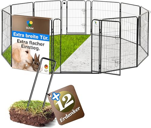SUN-M Welpenauslauf 80cm hoch,12 Teilig mit 2 Türen, Hundezaun Wohnung&Garten, werkzeugfreie Montage, Welpenlaufstall,Freilaufgehege, Absperrgitter Hund, Hundegitter Wohnung, Kleintiergehege außen
