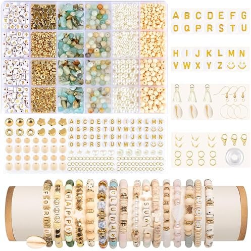 Nilioyul NatüRliche Amazonit Perlen FüR ArmbäNder, Boho Schmuck ArmbäNder Selber Machen Set, DIY Edelstein Pearl Set Mit Holzperlen FüR Kinder Erwachsene