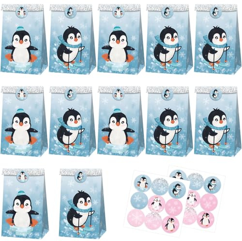 12 Pinguin Geschenktüten Kraftpapier, 18 Aufkleber, Kinder Geburtstag | 12 Tüten+18 Sticker, Kraftpapier, wiederverwendbar, 22x12x8 cm, für Süßigkeiten Spielzeug, Kindergeburtstag Weihnachten
