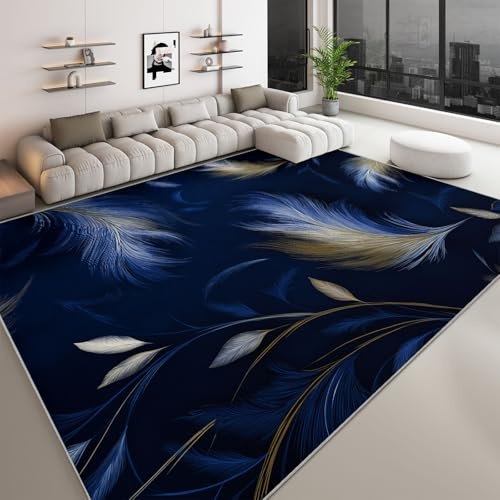 Generisch Waschbarer Teppich 160 x 230 cm Bedruckter Läufer, Gold Silber Wirbel Federn Blätter rutschfest Teppich für Wohnzimmer Schlafzimmer Büro - Raffinierte Eleganz Kurzflor Kinderzimmer Läufer