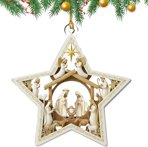 Julgranshängen Jesu Födelse 2D Platt och Hängbar | Akryl Julprydnad Med Jesu Födelse Scen För Fest Mantel Fönsterbräda Vägg Vardagsrum Sovrum Balkong
