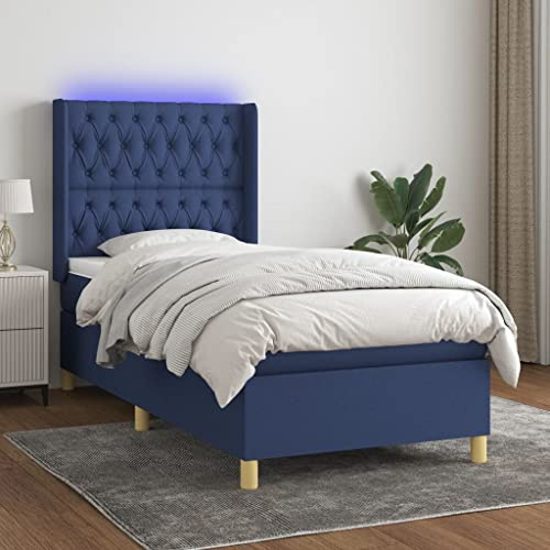 Tonture Boxspringbett mit Matratze, verstellbarem Kopfteil & bunter LED-Beleuchtung, 90x190 cm, strapazierfähiger Stoff in Blau, modernes Schlafzimmermöbel für erholsamen Schlaf