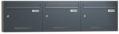 Zedelmaier Briefkastenanlage für Mehrfamilienhaus, 3er-Set, personalisiert | Wetterfester Wandbriefkasten, DIN C4, je 4 Schlüssel, Lasergravur, Edelstahl-Namensschild, 37,5 x 30 x 10,5 cm, Anthrazit