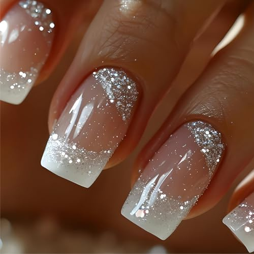 24 Sparkling Silver Glitter French Press On Nails,Salon Quality Fake Nails with Easy Application,Medium Size Fake Nails for Women,Includes Jelly Stickers & Nail File,Easy Stick-On,Elegant and Stylish