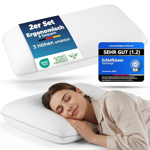 Nachtengel Ergonomisches Kopfkissen 40x60 aus Memory Foam mit Nackenstütze – Orthopädisches Kissen Nackenkissen Rücken-, Bauch- & Seitenschläferkissen Schlafkissen Oeko-TEX 12cm Höhe 2er Set