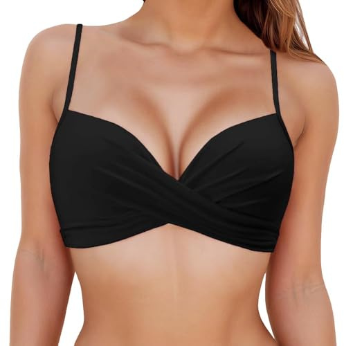 KOEMCY Haut de Bikini Femme Bretelles avec Soutien Push-Up Ajustables Bralette Design en V Dos Nu Top pour Plage Vacances Maillot de Bain (S)