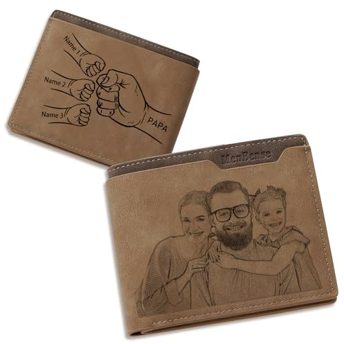 AAQ Personalisiertes Herren Portemonnaie - Personalisierte Leder-Geldbörse mit Foto und Name oder Text, Geschenke für Männer, Vatertagsgeschenk für Papa (Hellbraun - Faust)