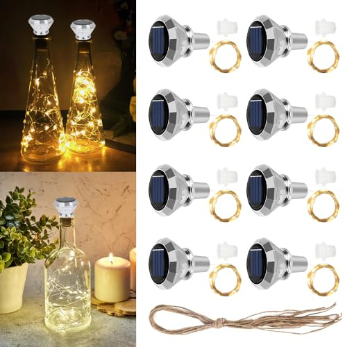 Foreverup 8 Stück Flaschenlicht Solar, Solar Flaschen Licht, 2M 20LED Flaschenlichterkette Korken, Weinflasche Lichtkette für DIY, Party, Garten, Hochzeit, Außen Innen Deko(Warmweiß)