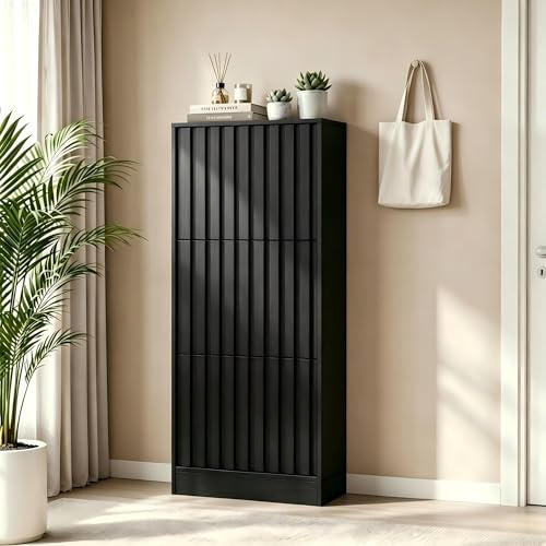 UEV Schuhschrank mit 3 Klappen Holz, Schuhregal Schmal (Schwarz) | Schuhkipper mit Kippschutz & verstellbaren Trennwände für Flur Eingang Wohnzimmer, Schuhkommode Flurkommode 60x24x122cm