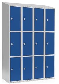 kaiserkraft | 3er-Schließfachschrank Fydor | 4 Abteile | lichtGrau/Enzianblau | B 1200 mm | schräge Dachform | Vorhängeschloss