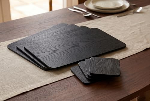 DEENZ Pack Of 8 Placemat/Coaster Wooden Veneer Dining Tableware Linens Setting Serving Mats Kitchen Decor Surface Protection Rounded Edges Gift Idea 29x21.5Cm (BLACK)