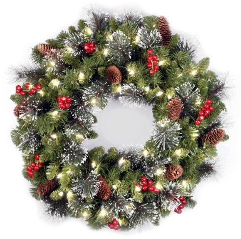 National Tree Company Pre-Lit Artificial Christmas Wreath, Green, Crestwood Spruce, White Lights, Decorated with Pine Cones, Berry Clusters, Frosted Branches, Christmas Collection, 24 Inches