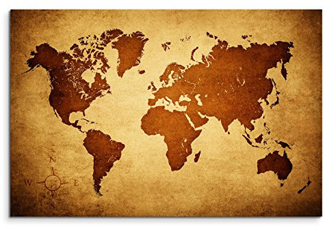 120x80cm Leinwandbild auf Keilrahmen Weltkarte braun beige Wandbild auf Leinwand als Panorama